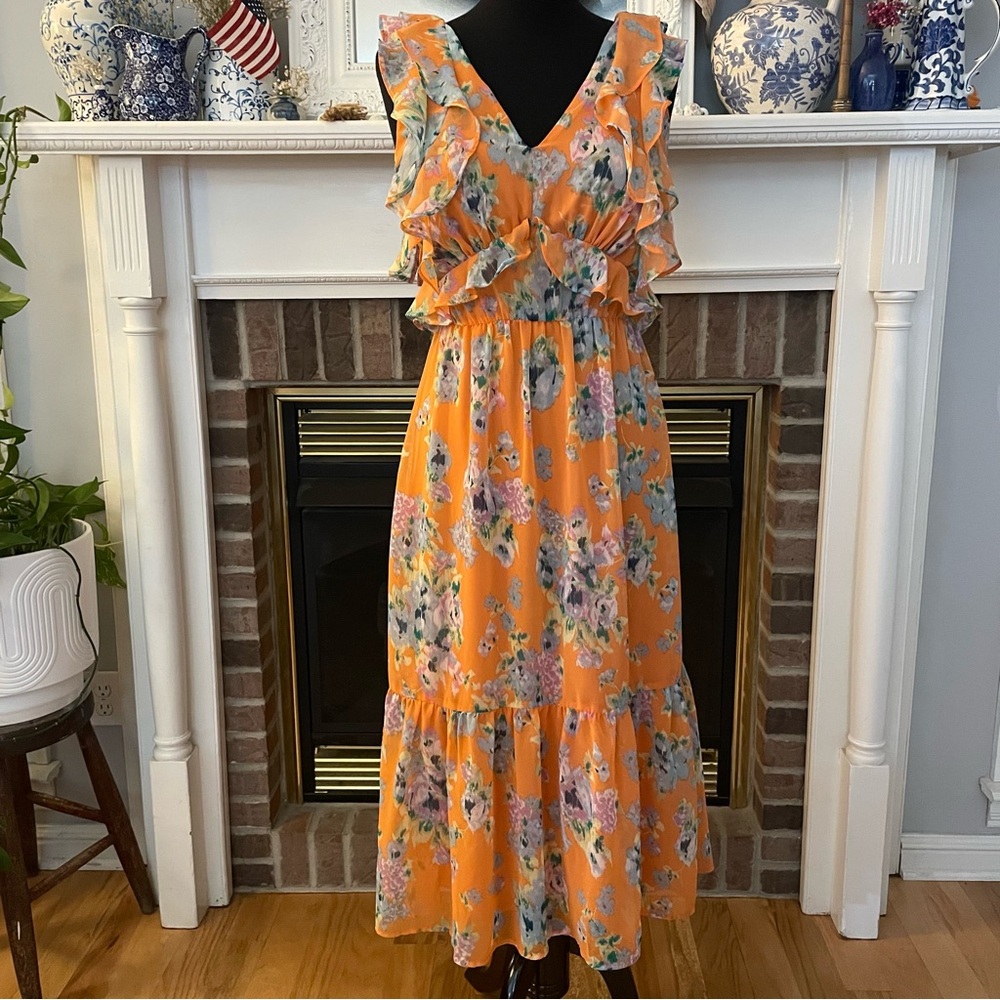 LC Lauren Conrad Orange Floral Midi Dress
